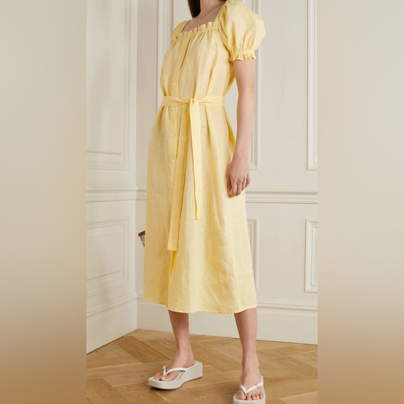 NWOT Sleeper Women's Yellow Linen Button Front Self-Tie Brigitte Dress Size S - Picture 2 of 11